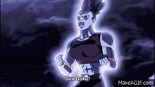 a cartoon character is standing in front of a purple background and says son goku !