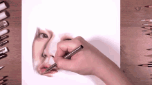 a person is drawing a woman 's face with a pencil that has the word prismacolor on it