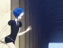 a cartoon character with blue hair is standing in front of a wall