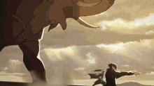 a cartoon of a man standing in front of a giant monster