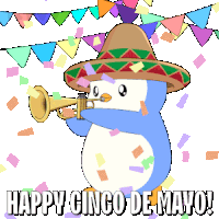 a penguin is wearing a sombrero and playing a trumpet with the words happy cinco de mayo written below it