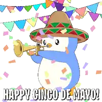 a penguin is wearing a sombrero and playing a trumpet with the words happy cinco de mayo written below it