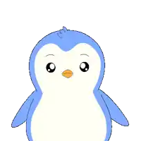 a blue and white penguin with a yellow beak is standing on a white background