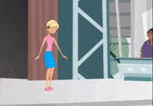 a cartoon girl in a pink shirt and blue skirt is standing in front of a man .