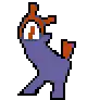 a pixel art drawing of a purple cat with orange eyes and a red tail .