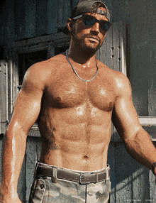 a shirtless man wearing sunglasses and a baseball cap stands in front of a building