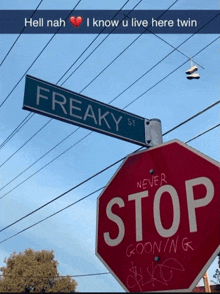 a freaky street sign is above a stop sign with graffiti on it