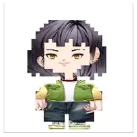 a pixel art of a girl with purple hair and a green jacket