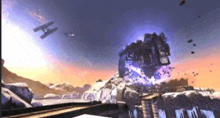 a video game scene with a purple object flying over a mountain