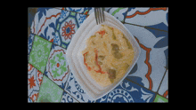 a plate of food with a fork on a colorful tiled table