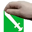 a donut with a sword on it is sitting on a green box .
