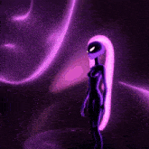 a cartoon character with purple hair and a purple background