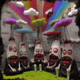 a group of monsters are sitting in a room with a rainbow behind them