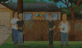 a group of men are standing in front of a house holding beer