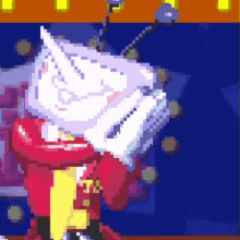 a pixel art drawing of a cartoon character in a red and white outfit