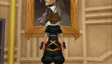 a video game character standing in front of a picture