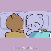 a couple of teddy bears are sleeping in a bed with the words `` good morning '' written on the bottom .