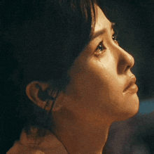 a close up of a woman 's face with a tear running down her face