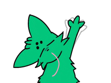 a cartoon drawing of a green furry animal with its paw up in the air .