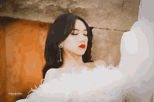 a woman wearing a white feathered dress and earrings has the word chris written below her