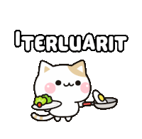 a cartoon cat is holding a plate of food and a frying pan with the word terluarit above it