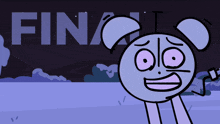 a cartoon character is smiling in front of a sign that says " final "