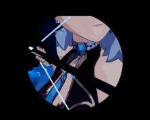 a drawing of a person with a blue sword in a circle on a black background