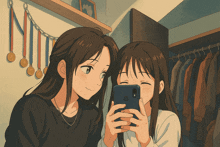two anime girls are looking at a cell phone and smiling