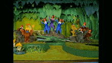 a group of cartoon characters are standing on a stage with a frog in the foreground
