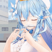a girl with long blue hair making a heart shape with her hands