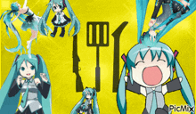 a picture of hatsune miku with a spatula and spoon on a yellow background