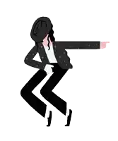 a cartoon drawing of a man in a black suit and hat pointing at something .