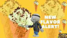 a cartoon character holding a cone of ice cream with the words " new flavor alert " below it