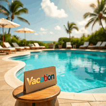 a vacation sign sits on a stool in front of a pool