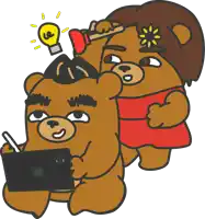a cartoon drawing of two teddy bears with one holding a hammer and the other holding a tablet