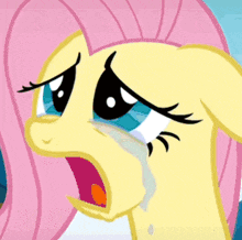 a close up of a cartoon pony crying with its mouth open