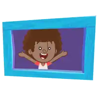a cartoon of a boy looking out of a window with his arms outstretched