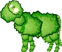 a green sheep is standing on a white background with a glowing eye .