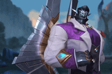 a man in a purple and white suit with wings on his arms