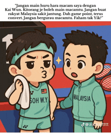 a cartoon of two boys with one wearing a malaysia jacket
