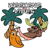 a moose is laying in a hammock under a palm tree with the words weekend vibes