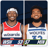 two basketball players wearing wizards and wolves uniforms are standing next to each other