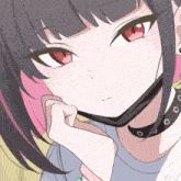 a close up of a girl with red eyes and a choker