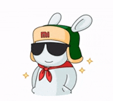 a cartoon rabbit wearing a hat and sunglasses is talking on a cell phone .