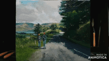a painting of two people walking down a road with the words made in animotica at the bottom