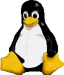 a black and white penguin with yellow feet is sitting on a white surface .