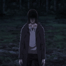 a man in a hooded jacket is standing in a dark field