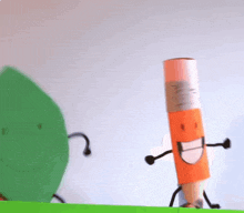 a pencil with arms and legs is standing next to a green object with arms and legs .