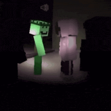 a group of minecraft characters are standing in a dark room .