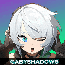 a picture of a girl with white hair and blue eyes and the words gabyshadow5 on the bottom